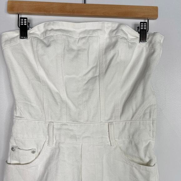 Papermoon Small S White Strapless Denim Romper Shorts Cotton Pockets Chic - Picture 3 of 11